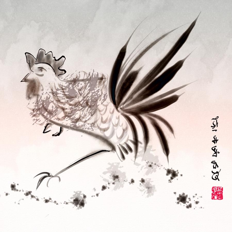 Rooster Digital Art - Sumi-e Rooster by Elaine Weiss