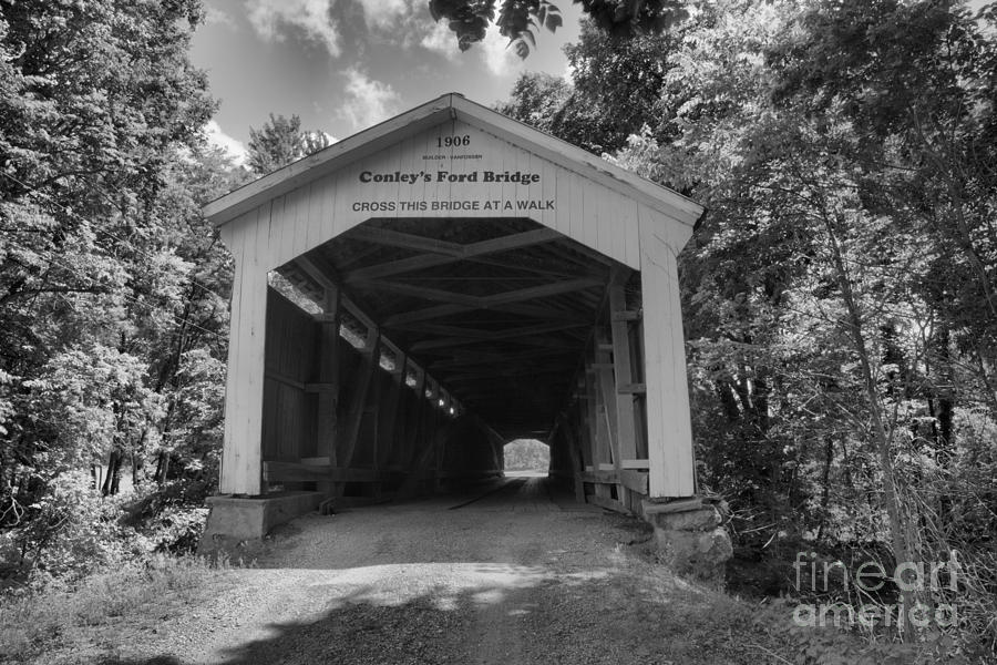 Summer At Conleys Ford Covered Bridge Black And White Photograph by Adam Jewell
