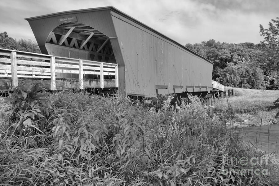 Summer At The Roseman Covered Bridge Black And White Photograph by Adam Jewell