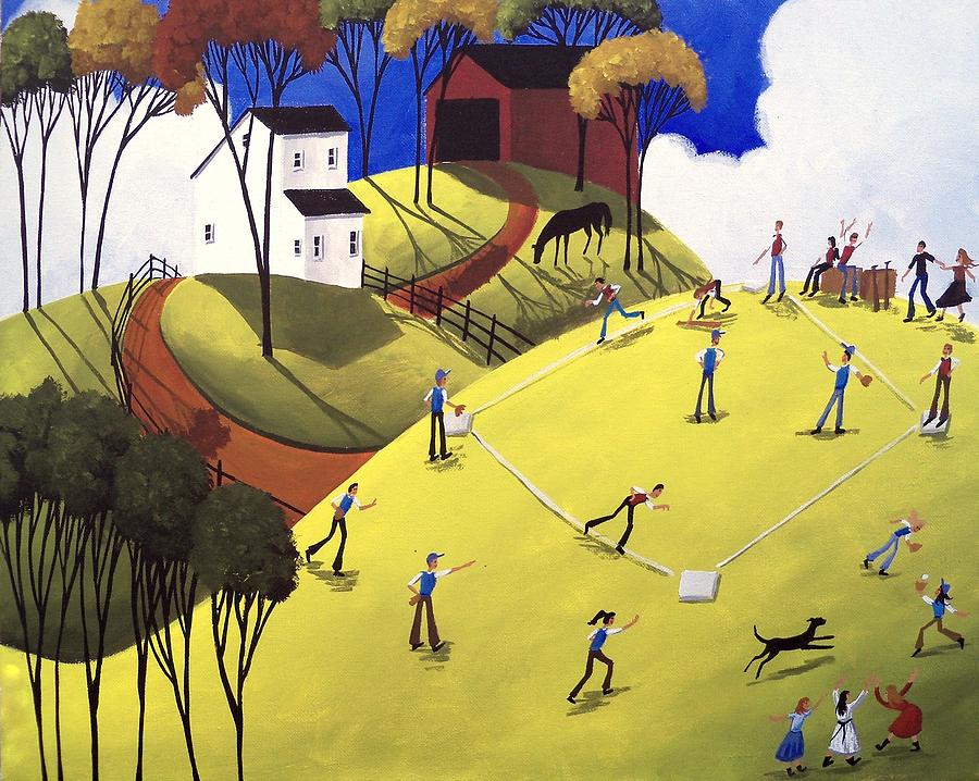 Summer Baseball - farm folk art landscape Painting by Debbie Criswell