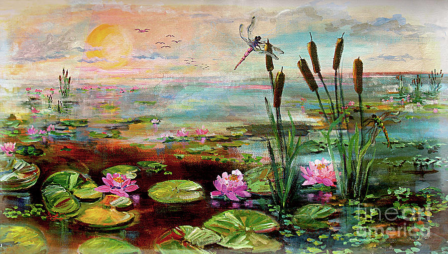 Summer By The Golden Pond Lily Flowers Painting by Ginette Callaway