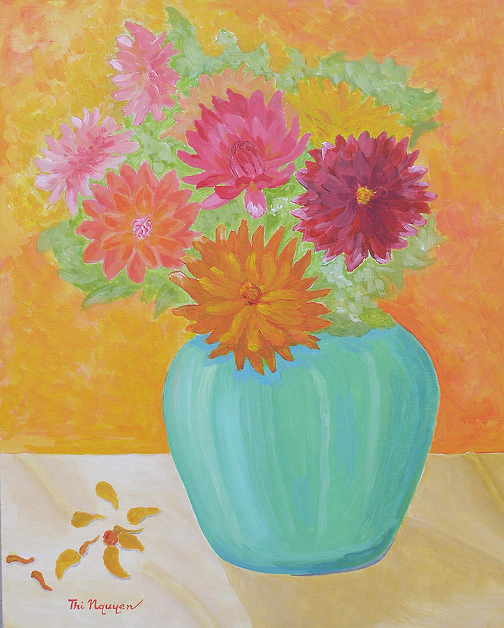 Dahlias Painting - Summer Dahlias by Thi Nguyen Dahlias Painting - Summer Dahlias by Thi Nguyen