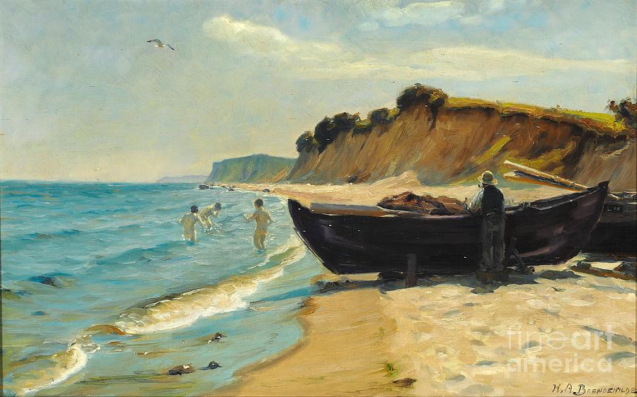 Summer day at the beach with bathing boys and fishing in a boat Painting by Celestial Images