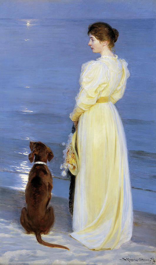 Summer Evening at Skagen - The Artists Wife and Dog by the Shore Painting by Mountain Dreams