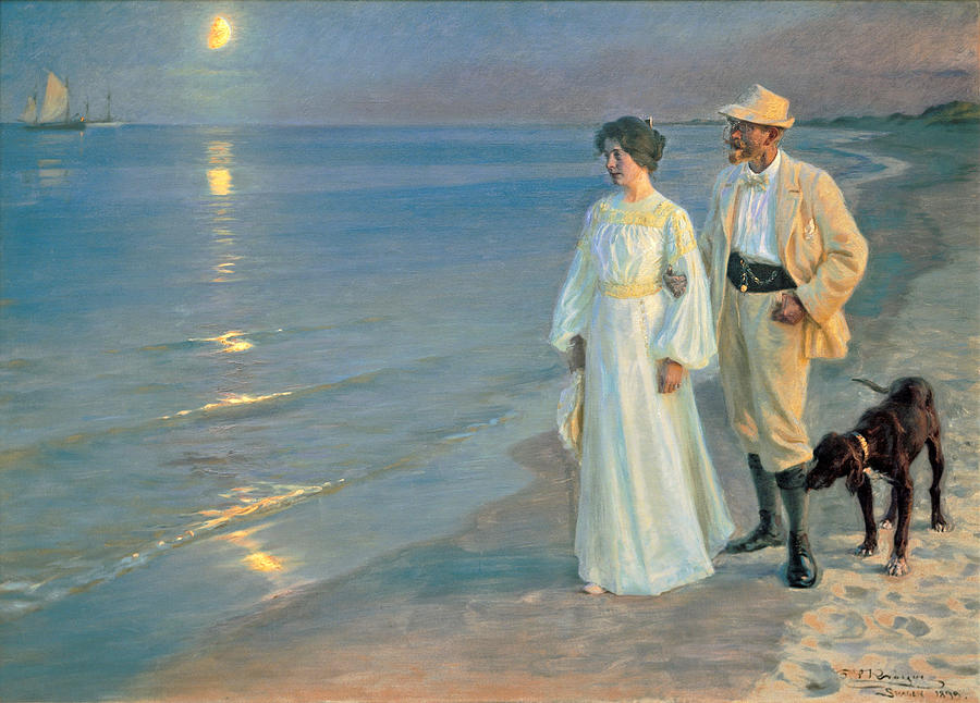 Summer evening on the beach at Skagen, The painter and his wife. Painting by Peder Severin Kroyer