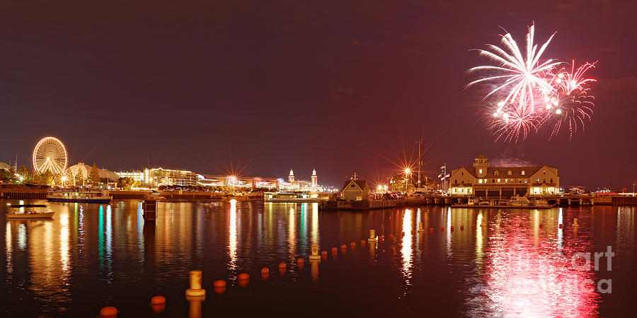 Summer Fireworks at the Navy Pier - Lake Michigan Chicago Illinois Photograph by Silvio Ligutti