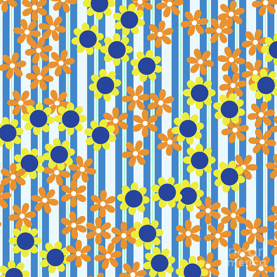 Summer Floral Stripes Blue Yellow Orange Flowers Digital Art by Beverly Claire Kaiya