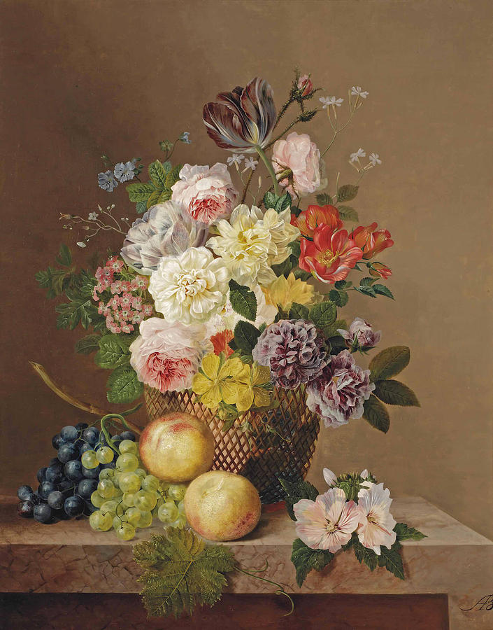 Summer flowers in a vase with grapes and peaches on a marble ledge Painting by Arnoldus Bloemers