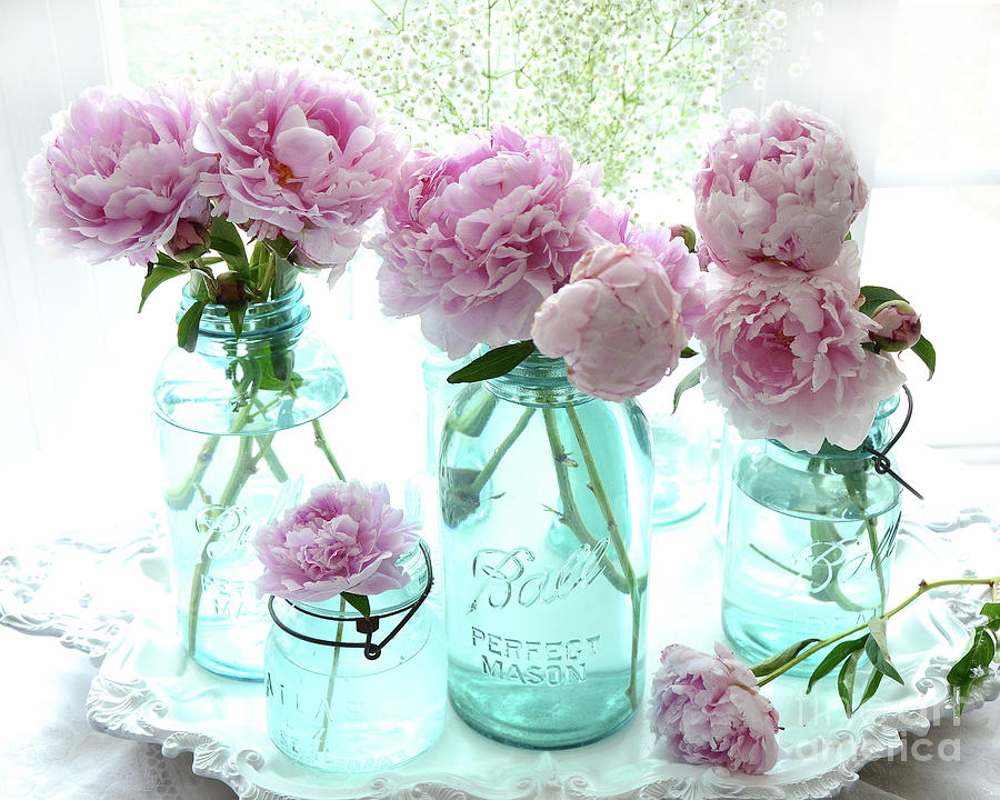 Garden Peonies In Blue Aqua Mason Ball Jars - Cottage Shabby Chic Peonies Print and Home Decor Photograph by Kathy Fornal