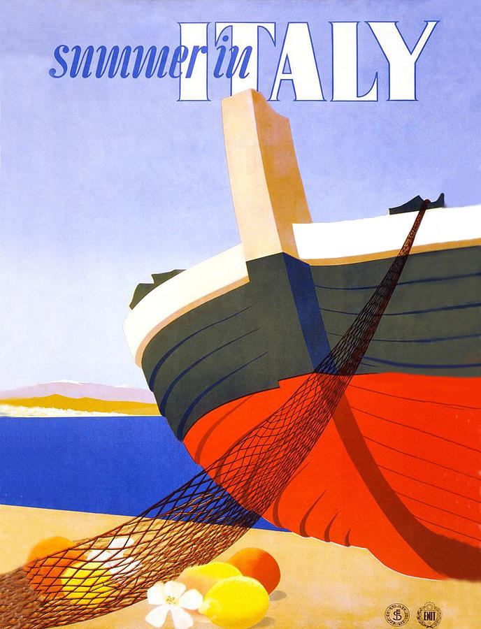 Summer in Italy, fishing boat on the coast, travel poster Painting by Long Shot