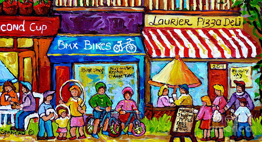 Summer In Montreal Laurier Street Shops Urban City Paintings Canadian Art Carole Spandau Painting by Carole Spandau