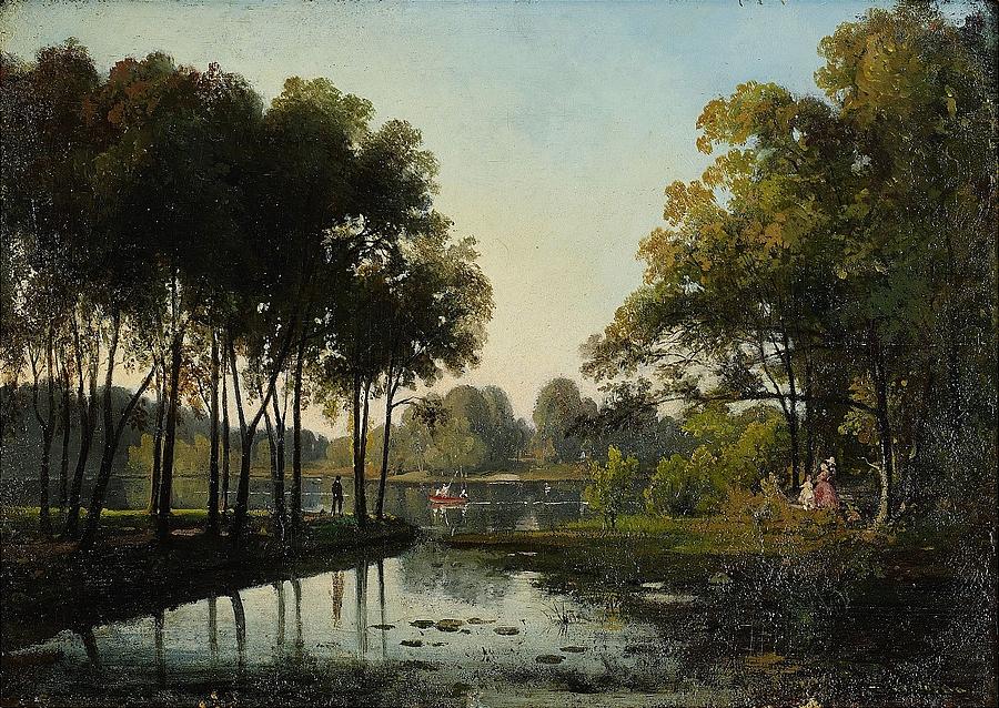 Summer Landscape With Walkers On A Lake Painting