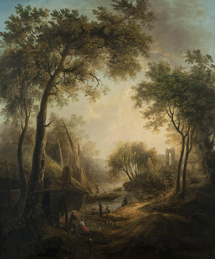 Summer Landscape with Water and Tall Trees Painting by Elias Martin
