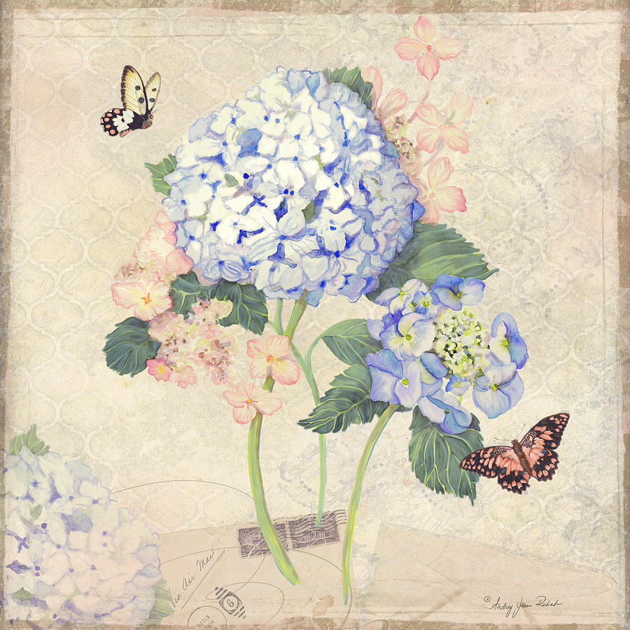 Summer Memories - Blue Hydrangea n Butterflies Painting by Audrey Jeanne Roberts
