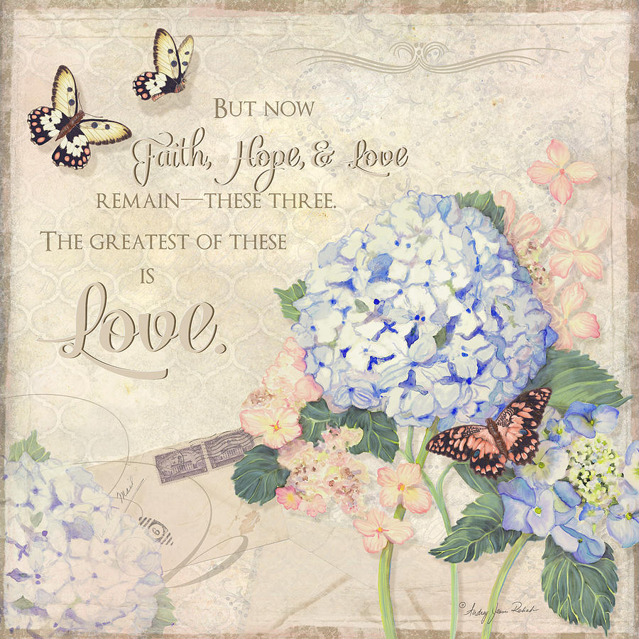 Summer Painting - Summer Memories - Blue Hydrangea n Butterflies Faith Hope and Love by Audrey Jeanne Roberts