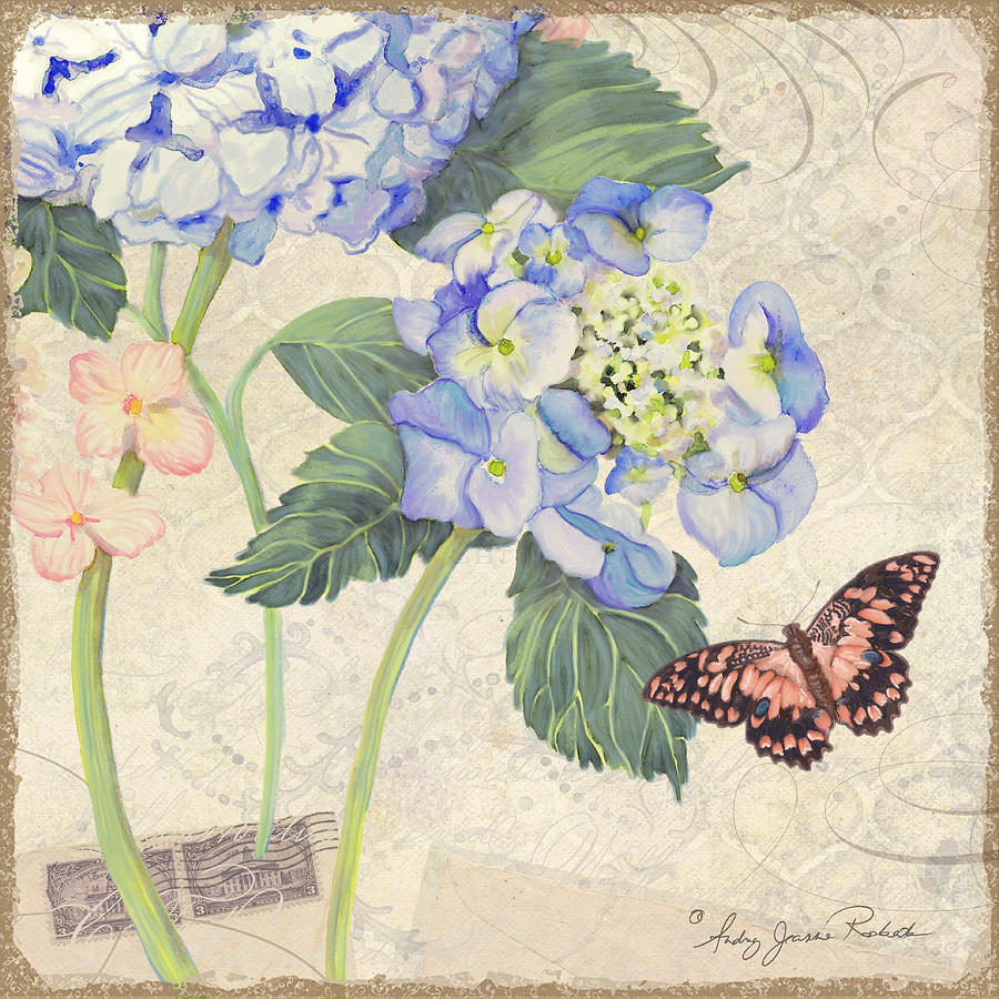 Summer Memories - Blue Hydrangea n Butterfly Painting by Audrey Jeanne Roberts