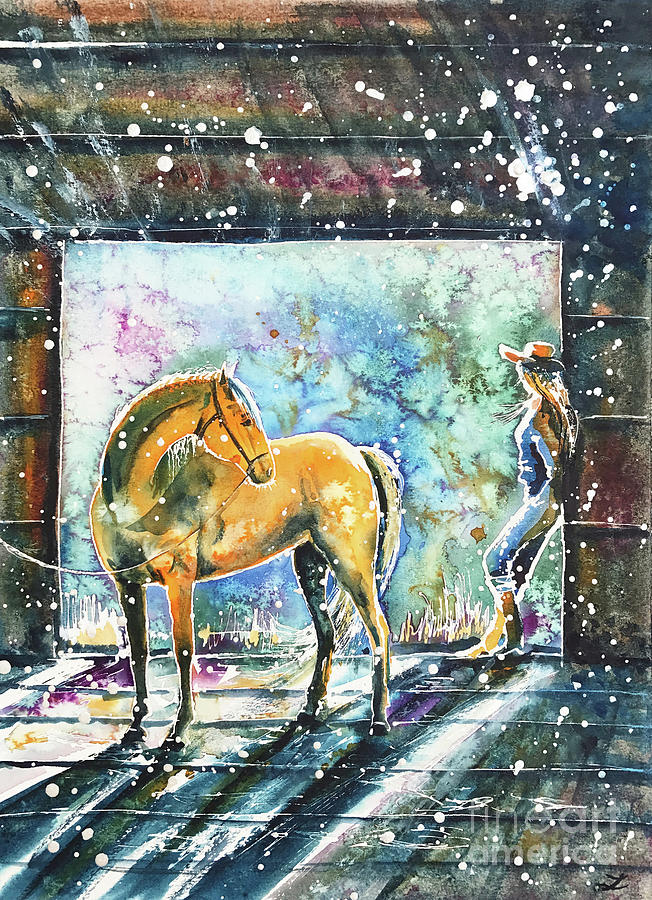 Horse Painting - Summer Morning at the Barn by Zaira Dzhaubaeva