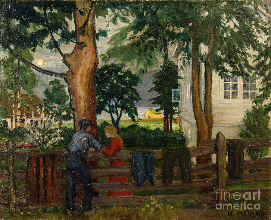 Summer night by the garden fence Painting by by O Vaering