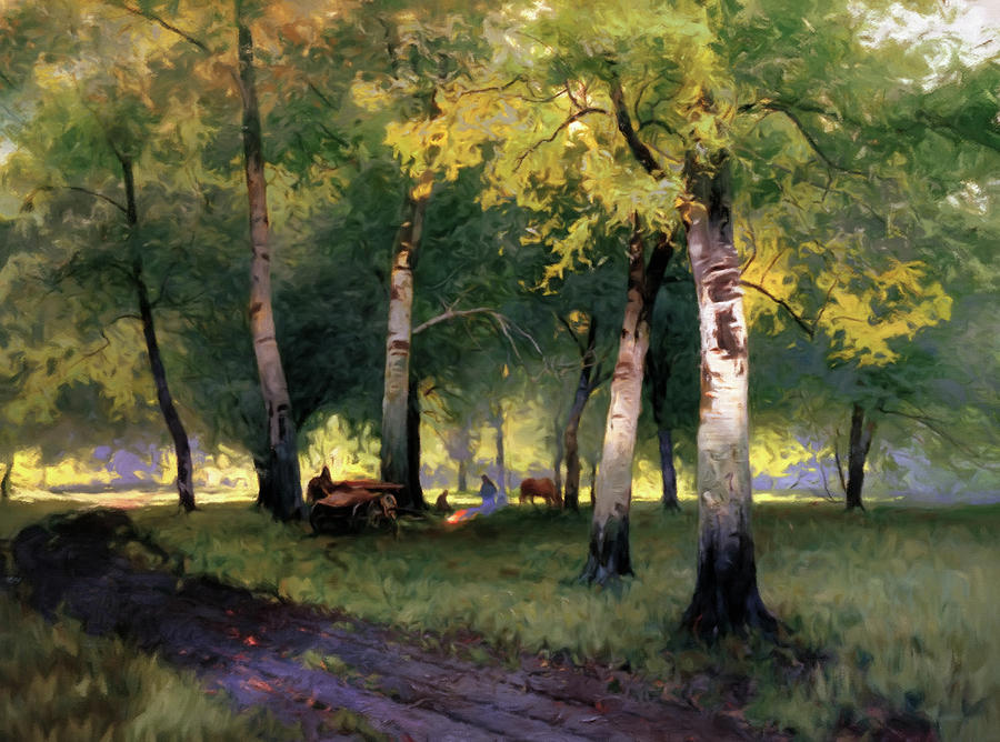 Summer Picnic Amongst The Birch Trees Mixed Media by Georgiana Romanovna