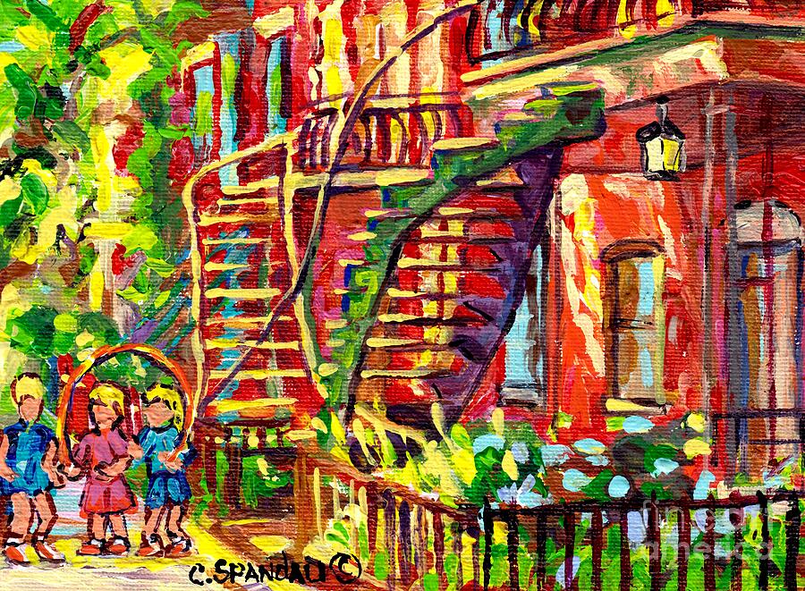 Summer Staircase Verdun Montreal To Plateau Mont Royal Canadian Cityscene 3 Girls Skipping C Spandau Painting by Carole Spandau