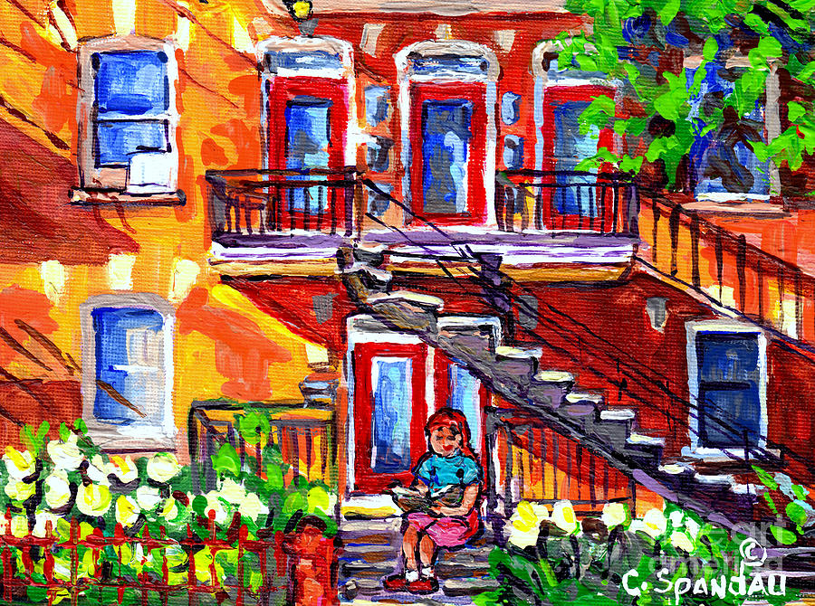 Summer Staircase Verdun Montreal To Plateau Mont Royal Cityscene Girl Reading Canadian Art C Spandau Painting by Carole Spandau