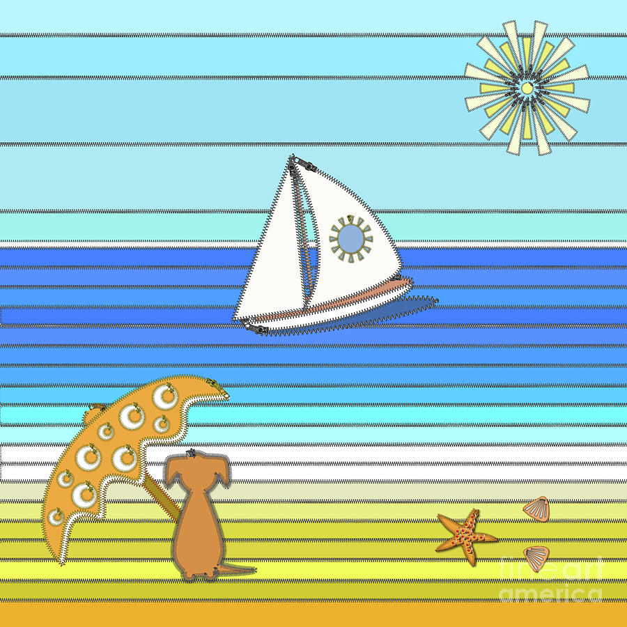 Dog on Beach - Parasol in Paradise Digital Art by Barefoot Bodeez Art