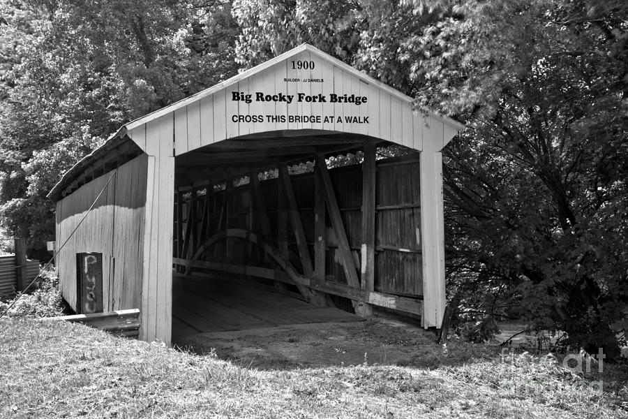 Tree Photograph - Summertime At The Big Rocky Fork Covered Bridge Black And White by Adam Jewell