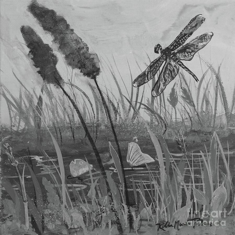 Summertime Dragonfly Black and White Painting by Robin Pedrero