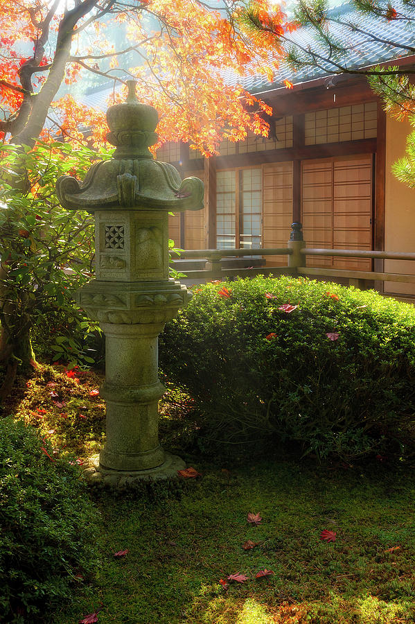 Sun Beams over Japanese Stone Lantern Photograph by David Gn