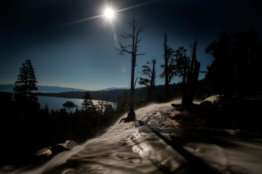 Sun behind waterfall at Eagle Falls Lake Tahoe Photograph by Dan Friend