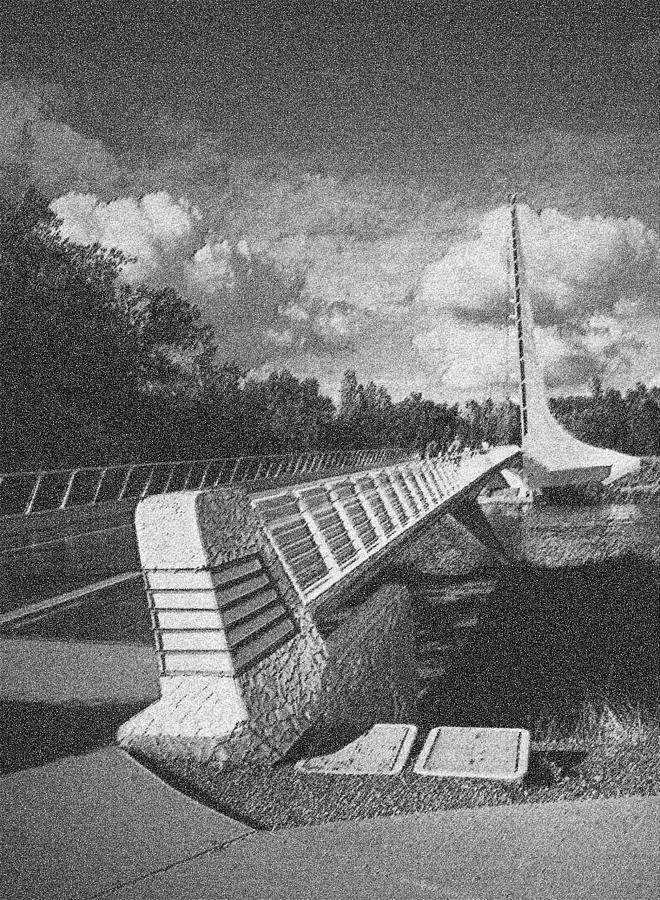 Sun Dial Bridge Redding CA USA B and W Pointilized Photograph by Joyce Dickens