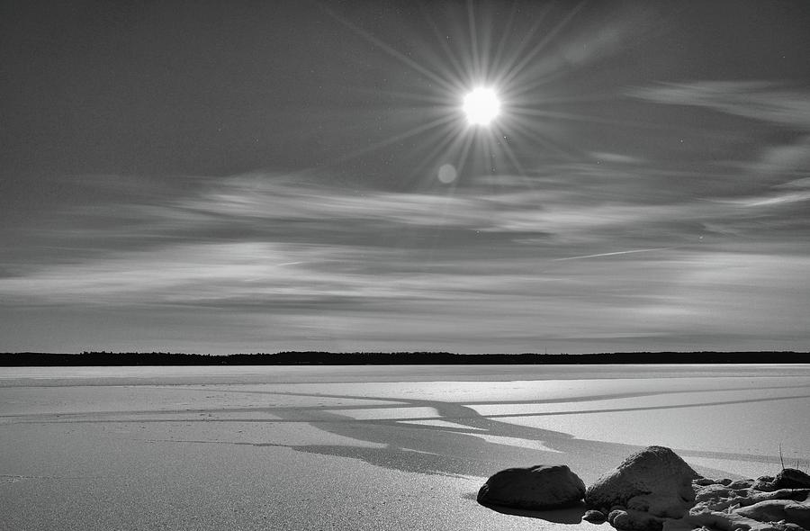 Sun Over The Ice On Kempenfelt Bay BW  Photograph by Lyle Crump
