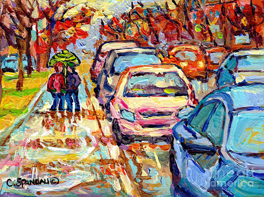 Sun Peeking Through April Showers Verdun Rainy Day Painting Canadian Street Scene C Spandau Quebec  Painting by Carole Spandau