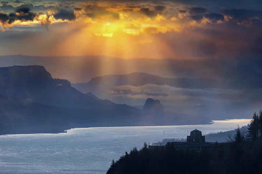 Sun Rays over Columbia River Gorge during Sunrise Photograph by David Gn