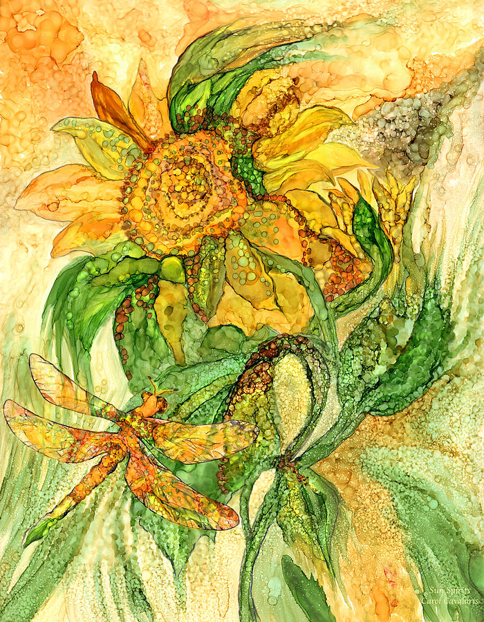 Sun Spirits - Sunflower And Dragonfly Mixed Media by Carol Cavalaris