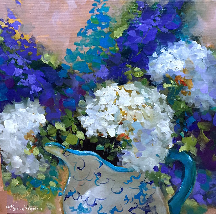 Flower Painting - Sun Washed Hydrangeas by Nancy Medina