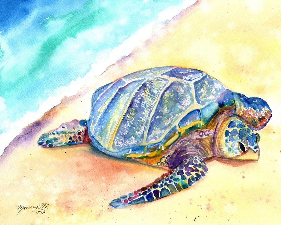 Sea Turtle Painting - Sunbathing Turtle by Marionette Taboniar