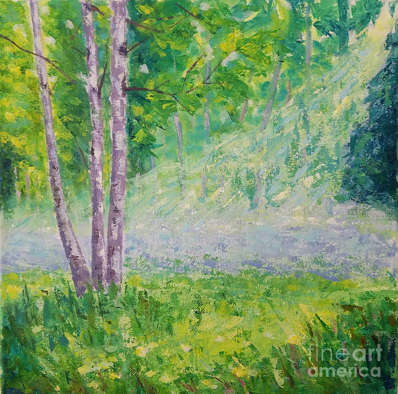 Sunbeam in the misty forest Painting by Olga Malamud-Pavlovich
