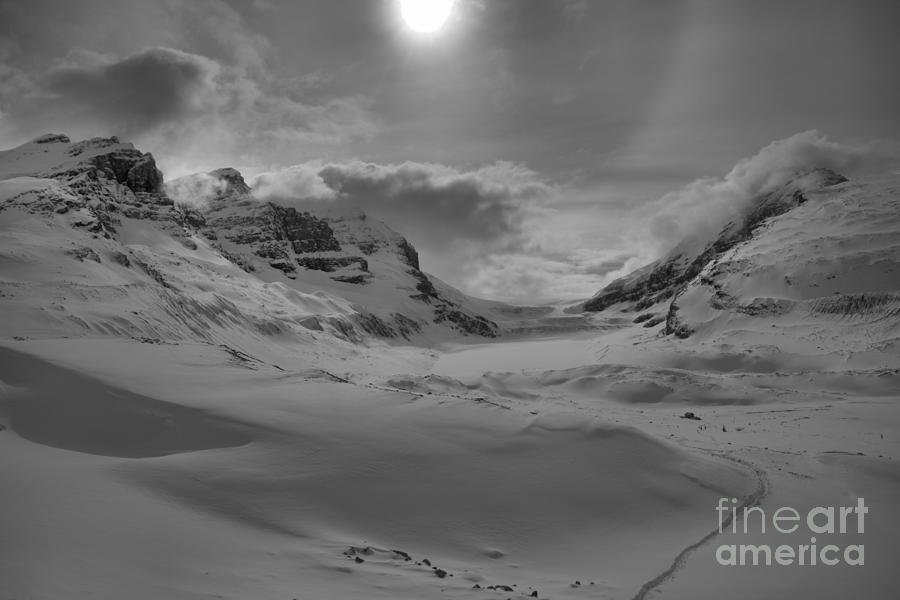 Sunburst Over The Columbia Icefield Black And White Photograph by Adam Jewell