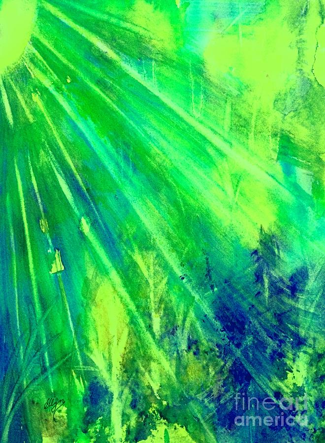 Radiant Green Sunburst Forest  Painting by Ellen Levinson
