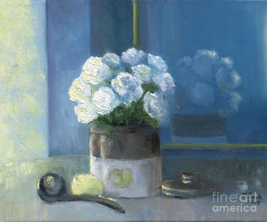 Sunday Morning and Roses - Blue Painting by Marlene Book