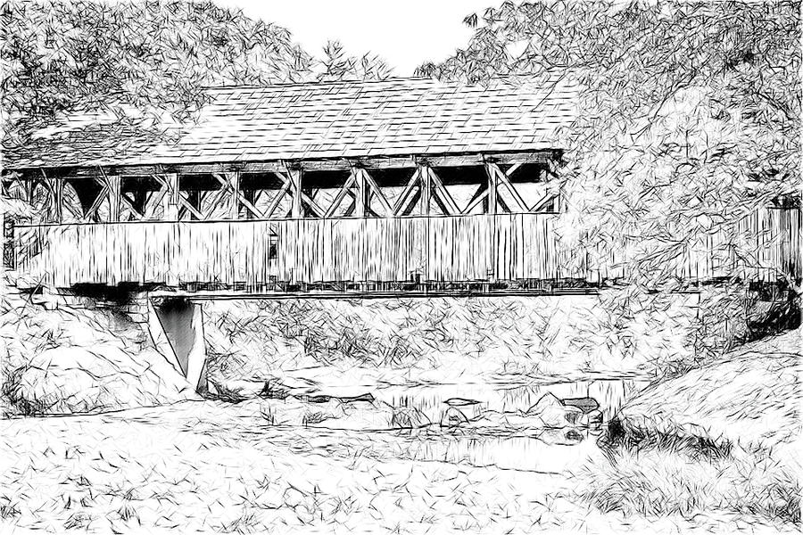 Sunday River Covered Bridge Sketch Digital Art by John Haldane