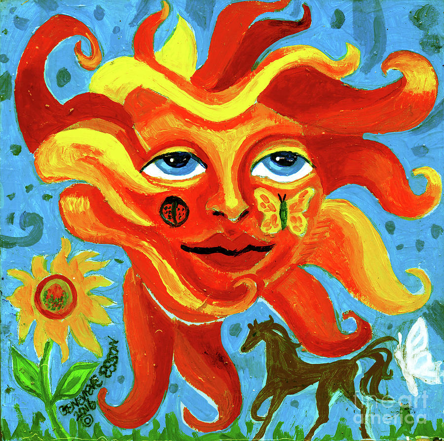Sunface With Butterfly And Horse Painting By Genevieve Esson