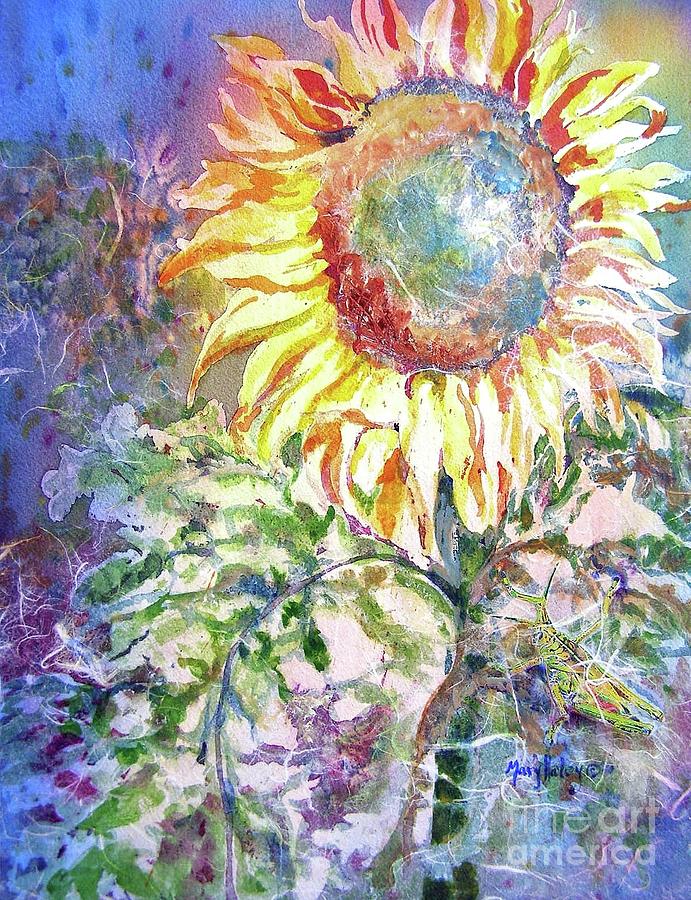 Sunflower and Grasshopper Painting by Mary Haley-Rocks