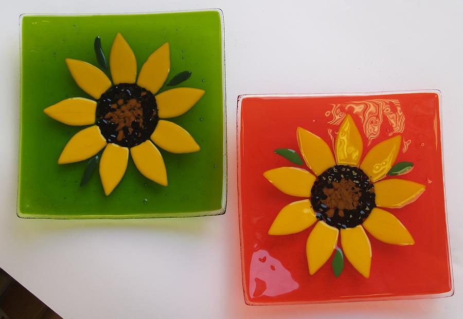 Sunflower Dinner Plates Glass Art by Justyna Pastuszka