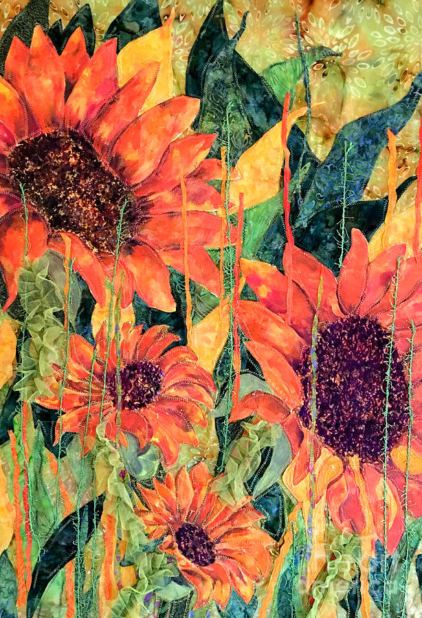 Sunflower Stitches and Paint Painting by Karen Ann