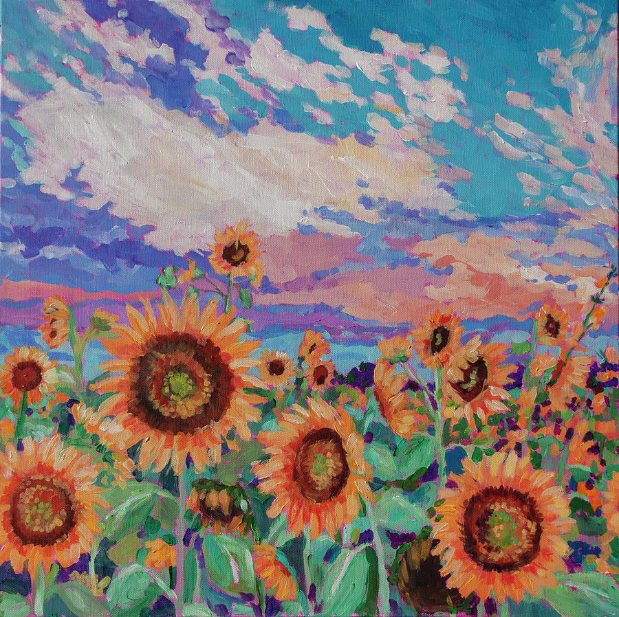 Sunflower triptych Middle Panel Painting by Heather Nagy