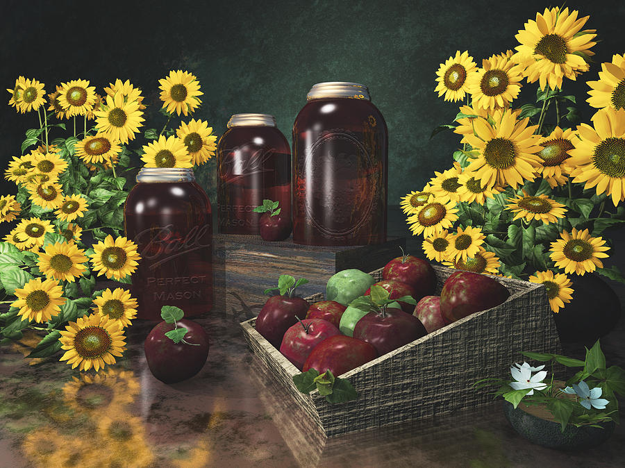 Apple Digital Art - Sunflowers and Apples 2 by Mary Almond