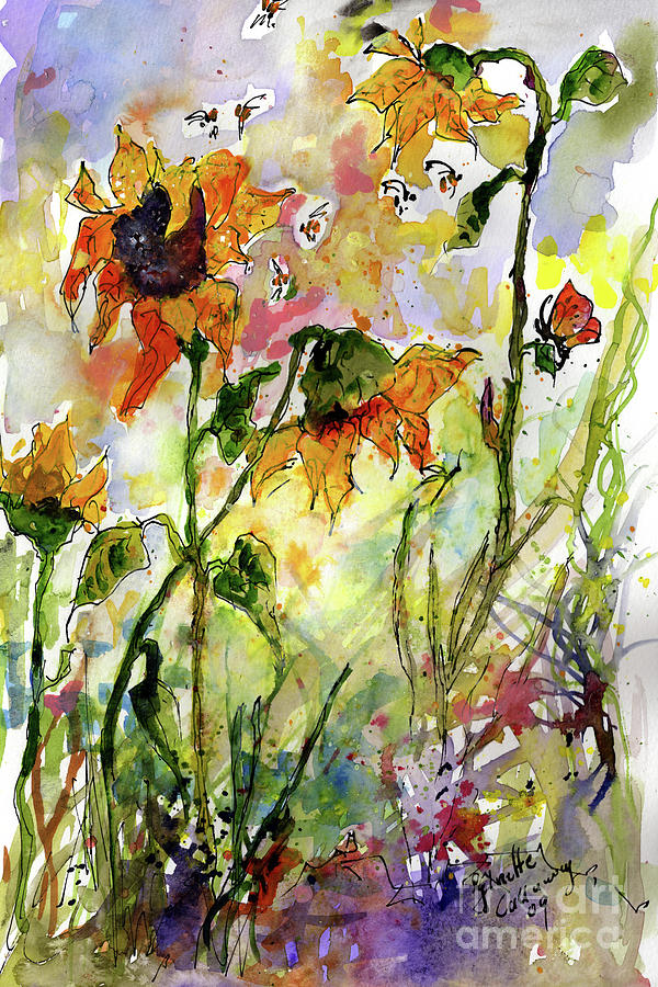 Sunflowers and Bees Garden Painting by Ginette Callaway