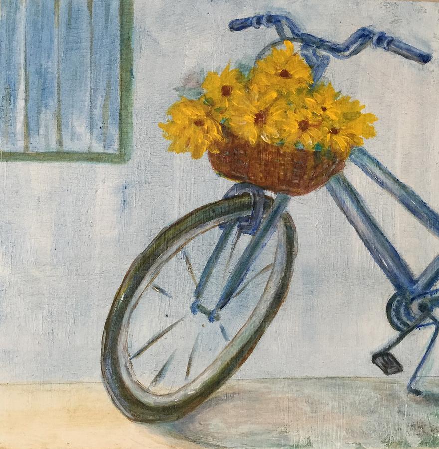 Sunflowers and Bike Painting by Lavender Liu